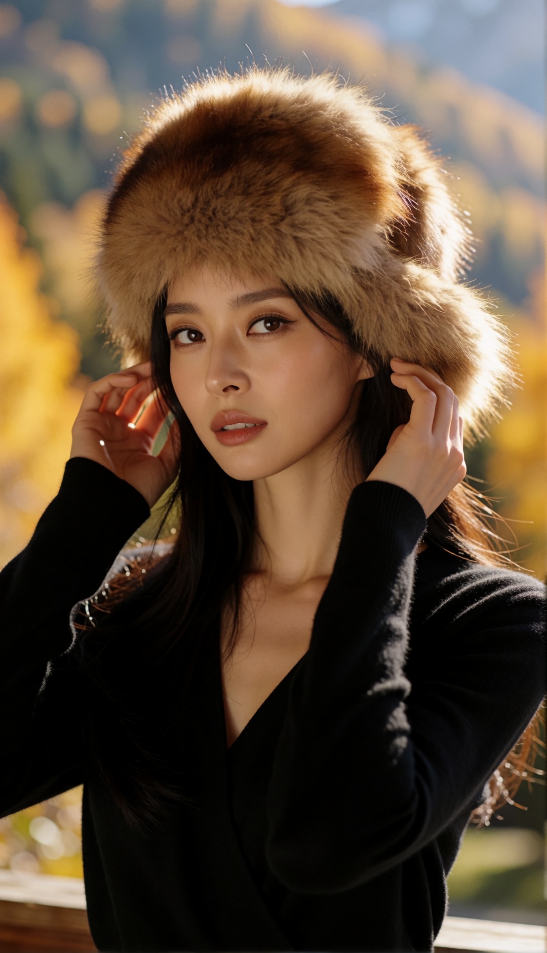 cinematic luxury autumn resort fashion editorial,  upper-body close-up,  naturally elegant beautiful young Korean woman on...