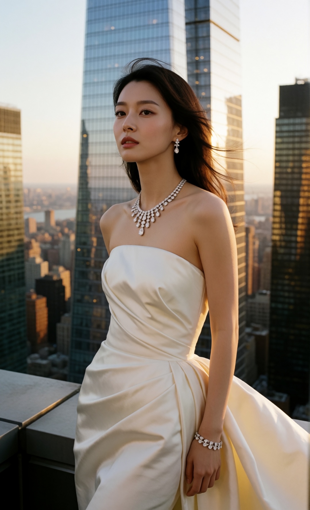 luxury jewelry editorial,  stunning young korean woman wearing an elegant strapless ivory couture gown with soft sculptura...