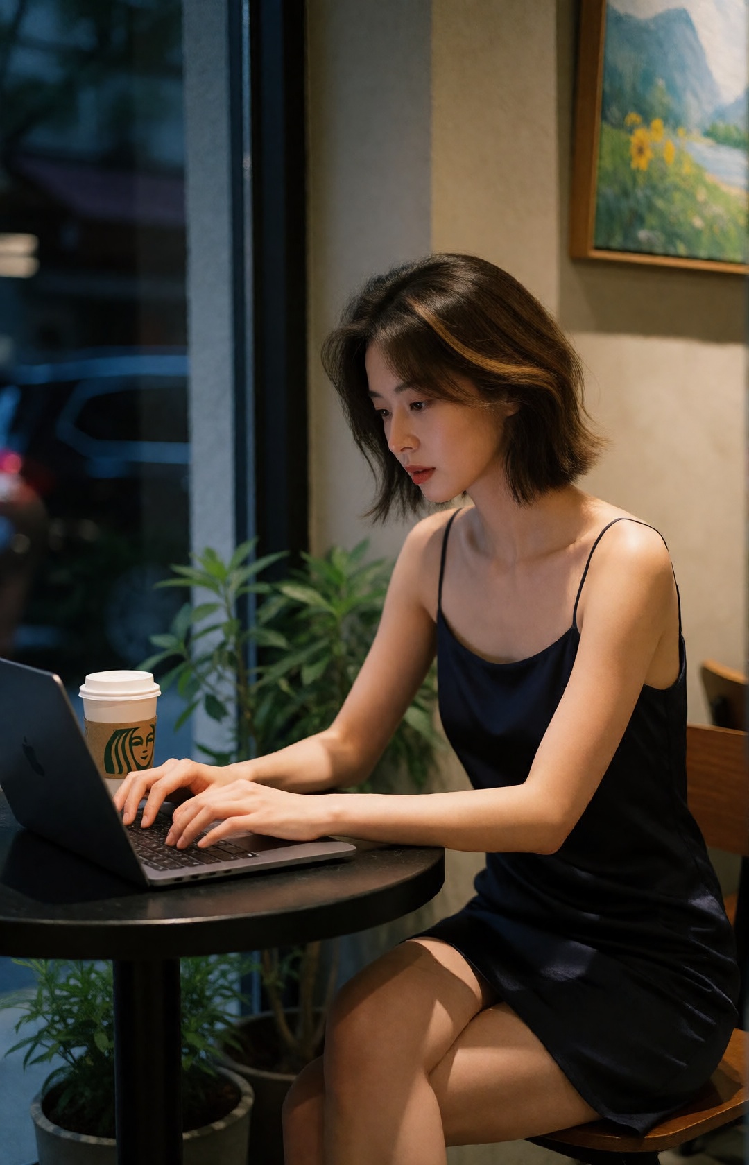 A candid lifestyle photo of a young woman sitting at her favorite café,  a coffee cup placed beside her on the table,  cas...