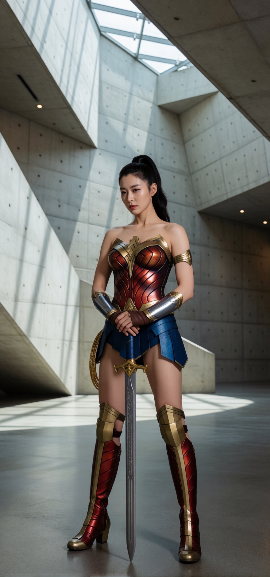 cinematic superhero fashion editorial,  beautiful athletic young Korean woman with long black hair gathered into a sleek h...