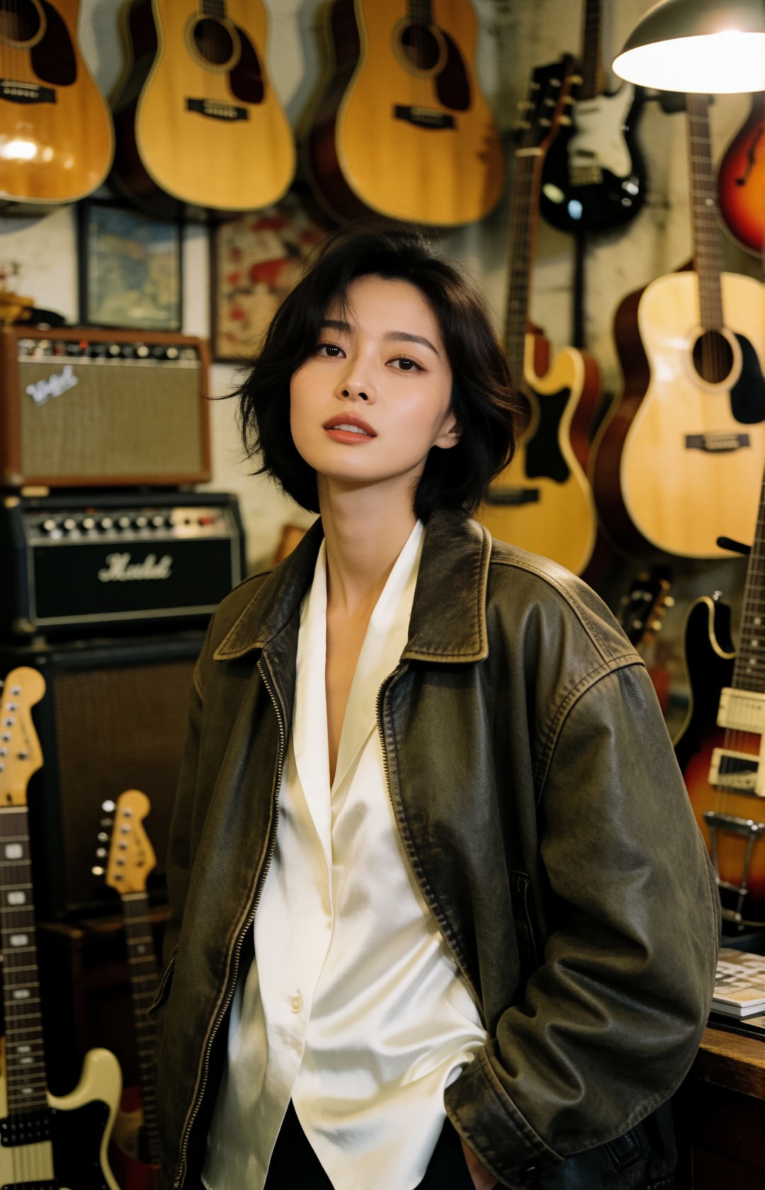 retro analog film photograph of a beautiful Korean woman,  glamorous full bust,  slightly tousled sleek black bob haircut...