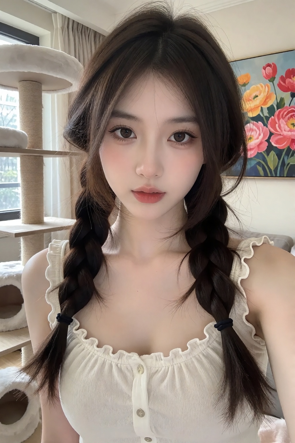 照片中一位年轻的亚洲女性皮肤白皙,  五官精致,  穿着白色无袖荷叶边上衣。她有一头深棕色的长发 by 让AI更感性 on Tensor.Art
