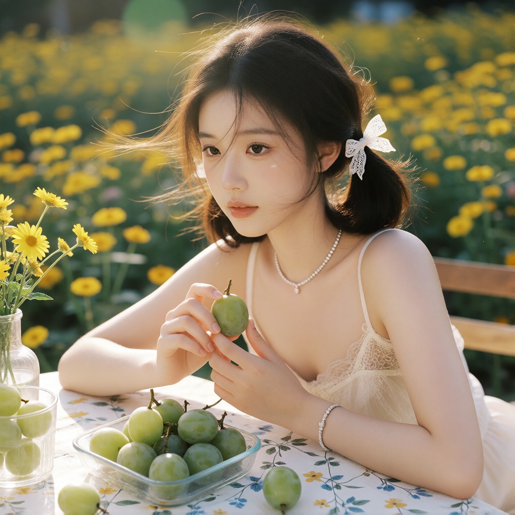 照片中是一位年轻的亚洲女性,  暖金色午后户外花田的清新少女写真,  日系胶片质感 by 让AI更感性 on Tensor.Art