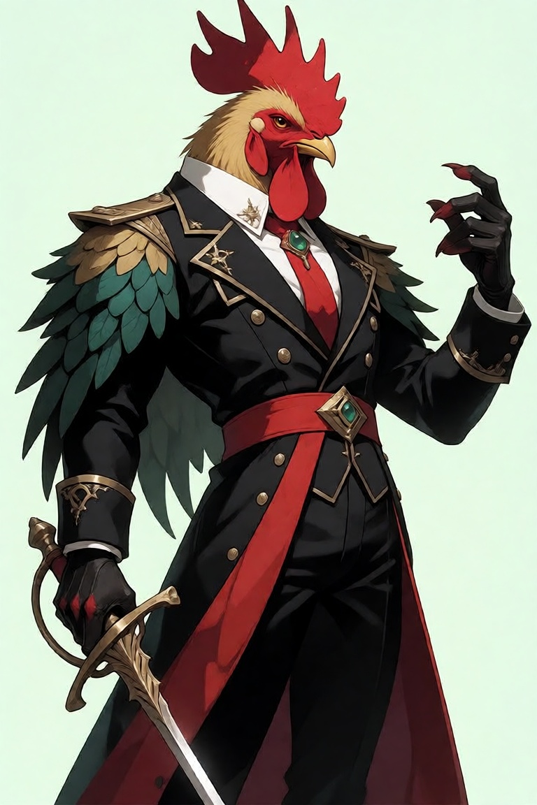 A majestic avian sovereign stands poised in divine arrogance,  his visage a breathtaking fusion of avian grace and noble r...