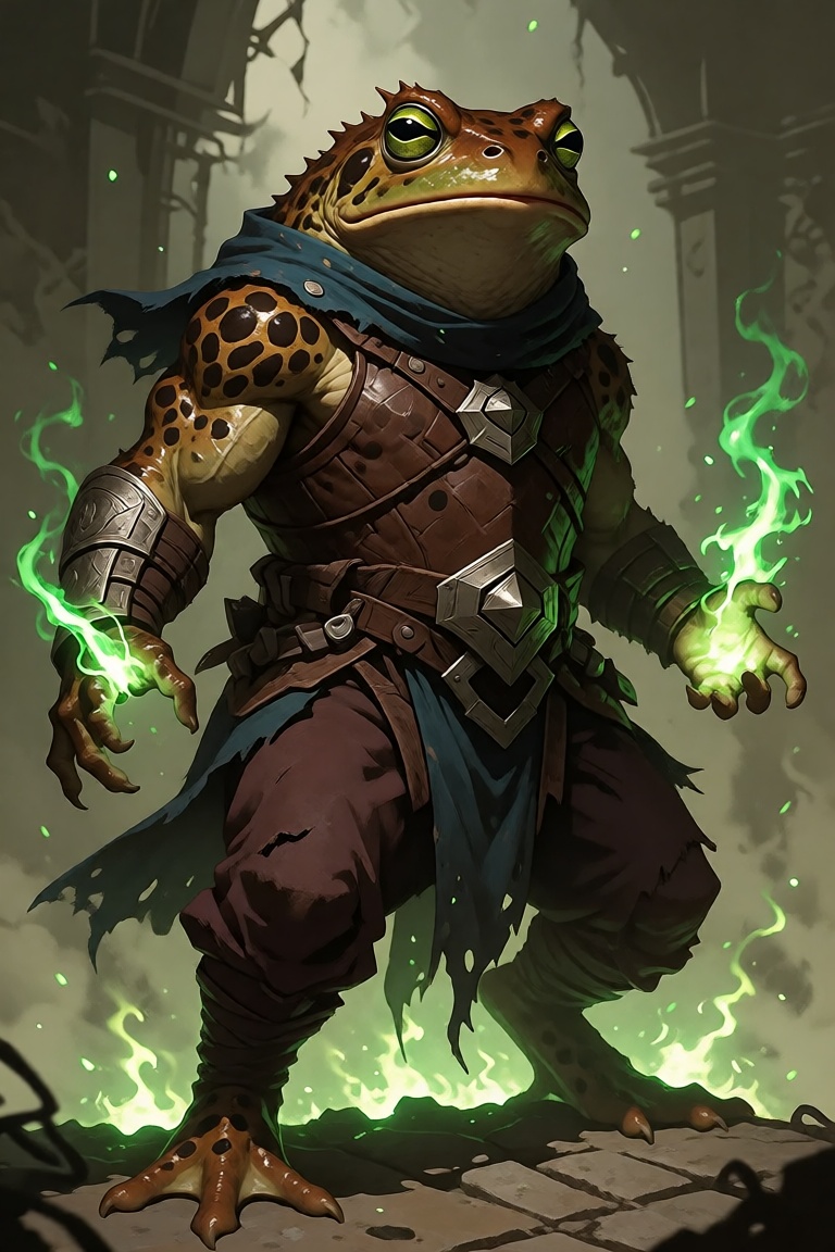 A majestic anthropomorphic toad shaman stands poised in mid-stride,  his powerful,  muscular limbs covered in richly textu...