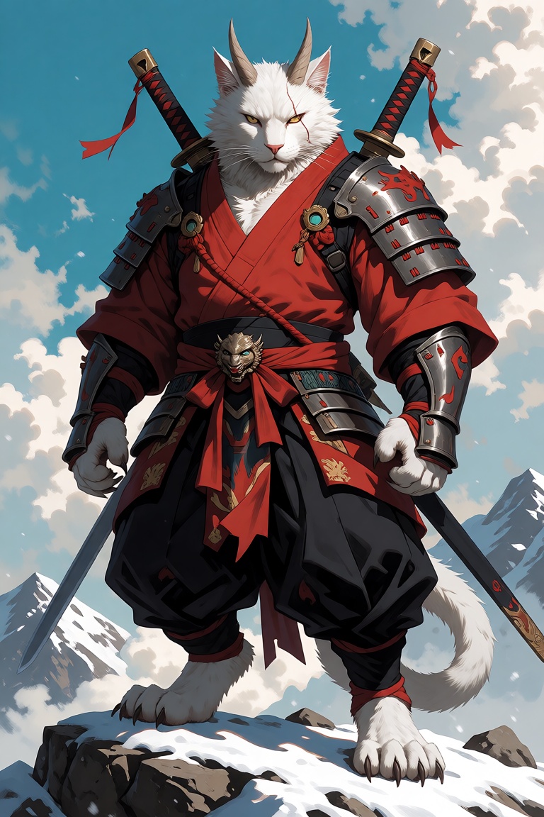 A majestic anthropomorphic white feline warrior stands poised atop a jagged,  snow-dusted mountain crag,  his gaze sharp a...