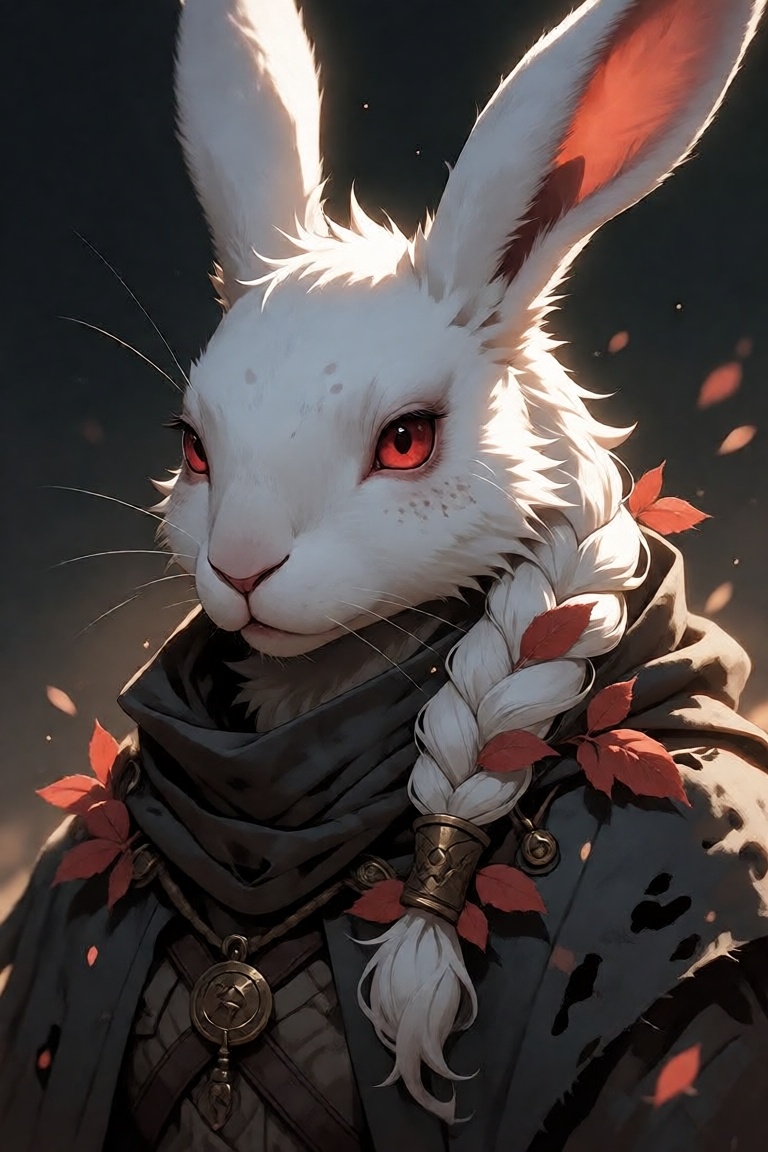 A majestic anthropomorphic lunar hare,  his fur like spun moonlight—pure,  luminous white with subtle silver undertones ca...