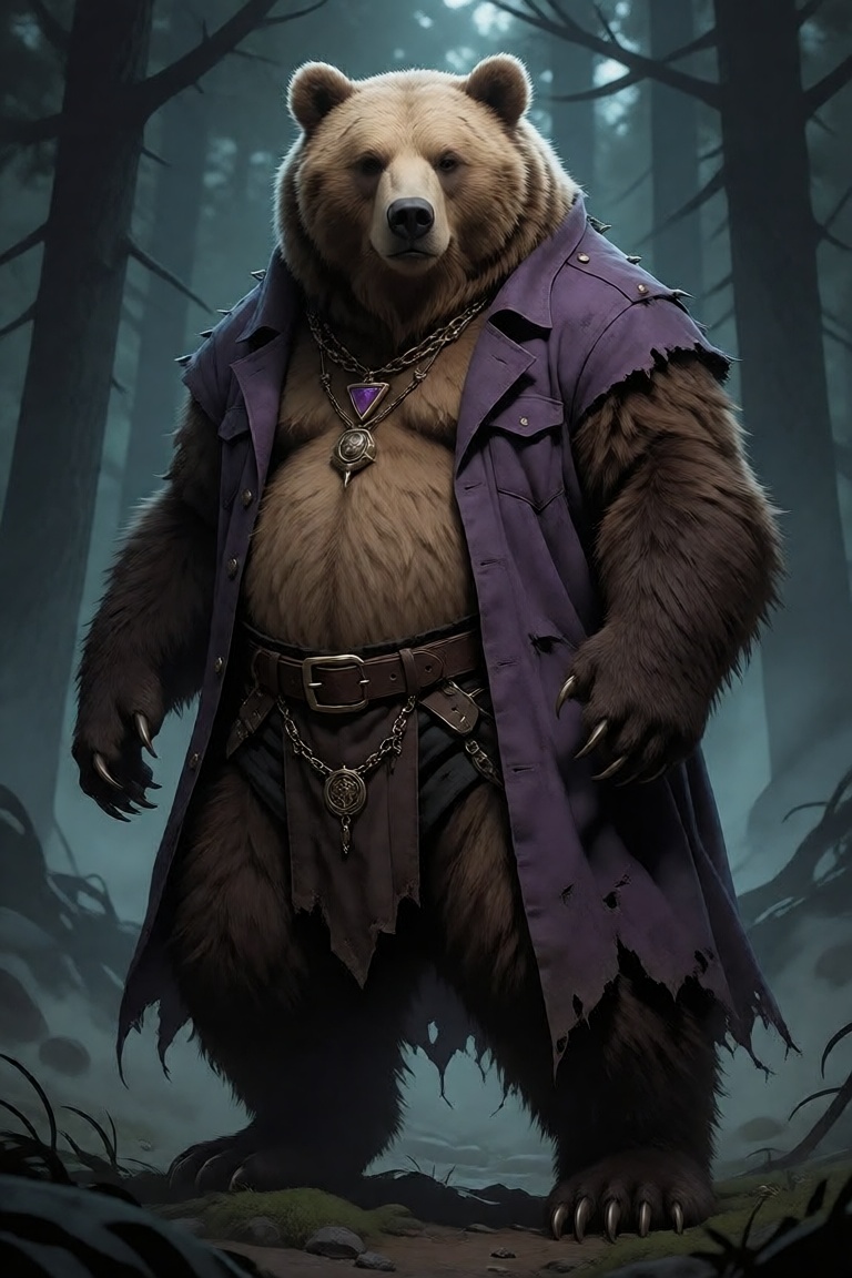 A towering anthropomorphic grizzly bear stands with quiet,  ancient authority in the mist-shrouded heart of a primordial f...