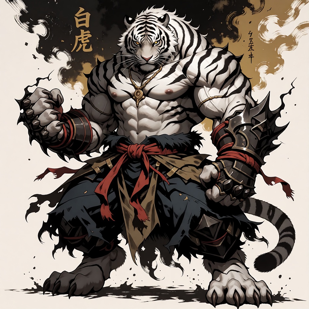 A colossal anthropomorphic White Tiger warrior stands in a storm of swirling ink and golden dust,  his immense,  sculpted...
