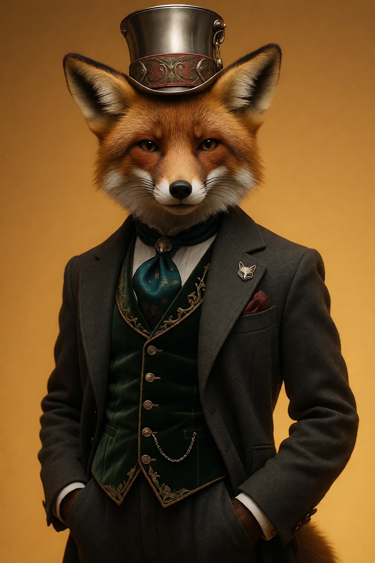 A noble anthropomorphic fox stands with regal poise against a warm,  golden-amber void,  his gaze sharp and knowing—deep a...