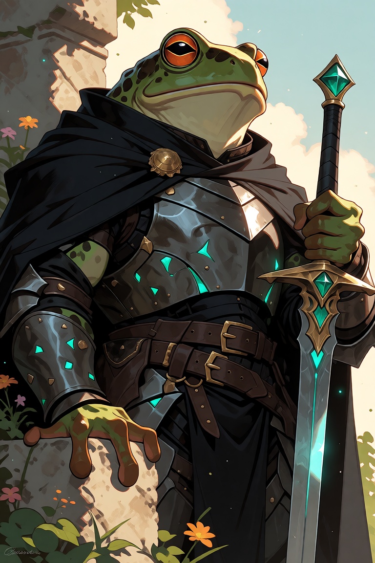 A majestic anthropomorphic frog knight stands tall upon weathered stone ruins,  his emerald-green skin glistening with dew...