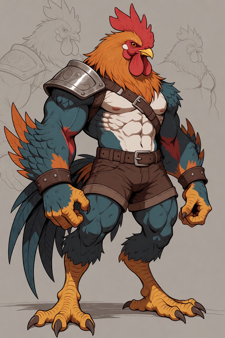 Anthropomorphic rooster warrior,  muscular humanoid body with blue-grey feathers,  vibrant orange and red crest plumage on...