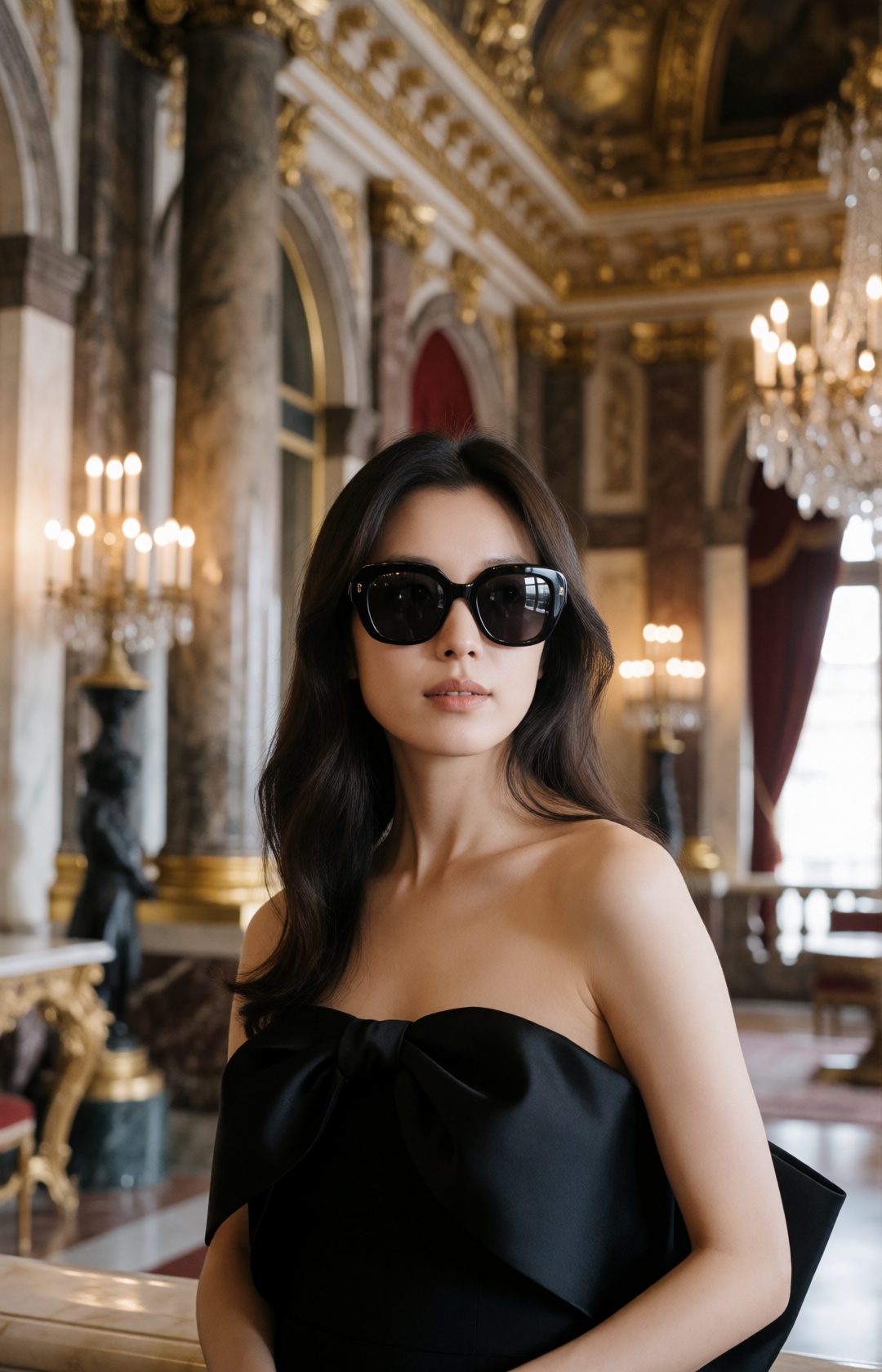 luxury eyewear editorial,  stunning young Korean woman wearing oversized glossy black designer sunglasses with thick aceta...