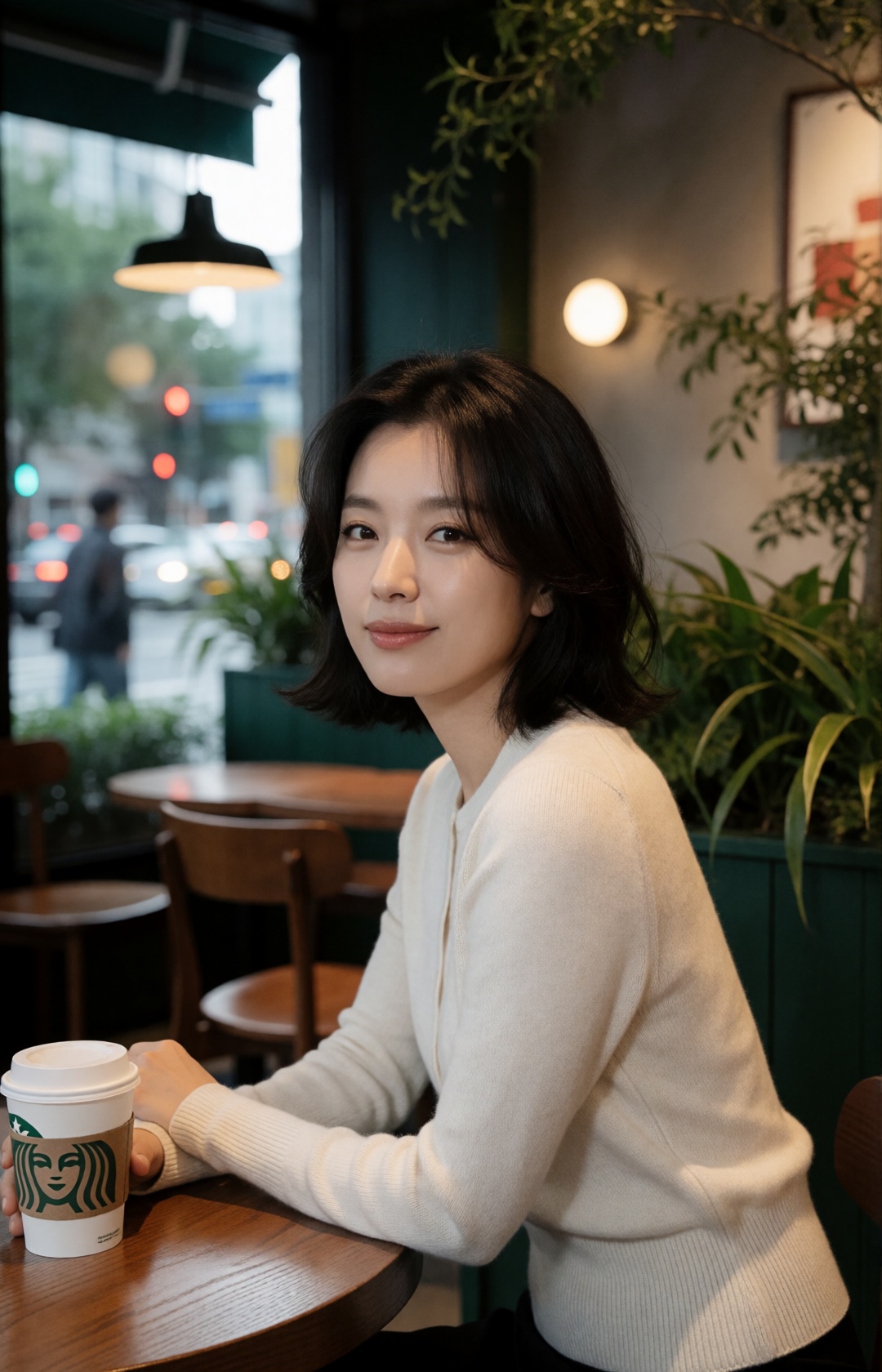 luxury candid café editorial portrait of a stunning Korean woman sitting at a stylish Starbucks café table,  gently smilin...