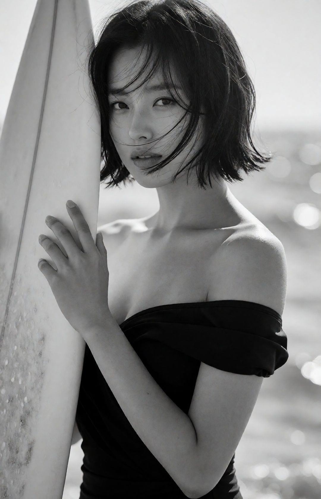 high-fashion black and white beach editorial,  close-up portrait of a young Korean woman with a wet windswept short bob,...