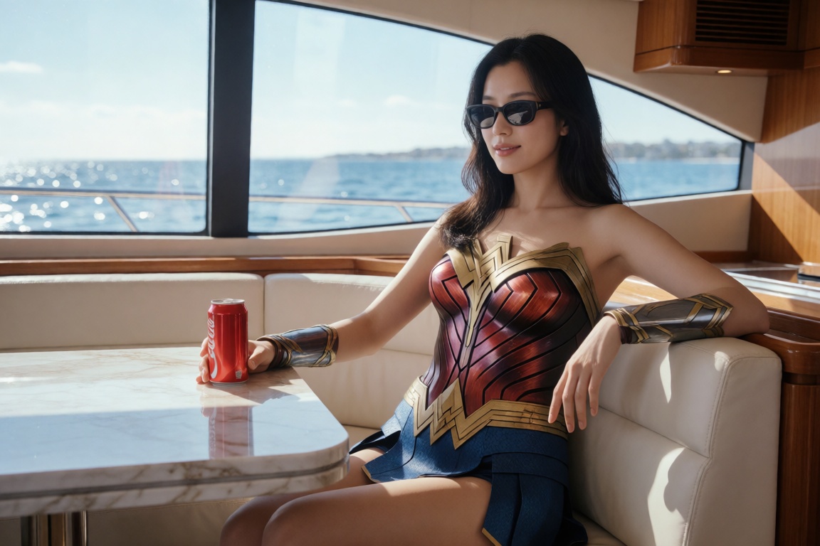 cinematic luxury yacht fashion editorial,  beautiful young Korean woman,  seated comfortably inside an elegant modern yach...
