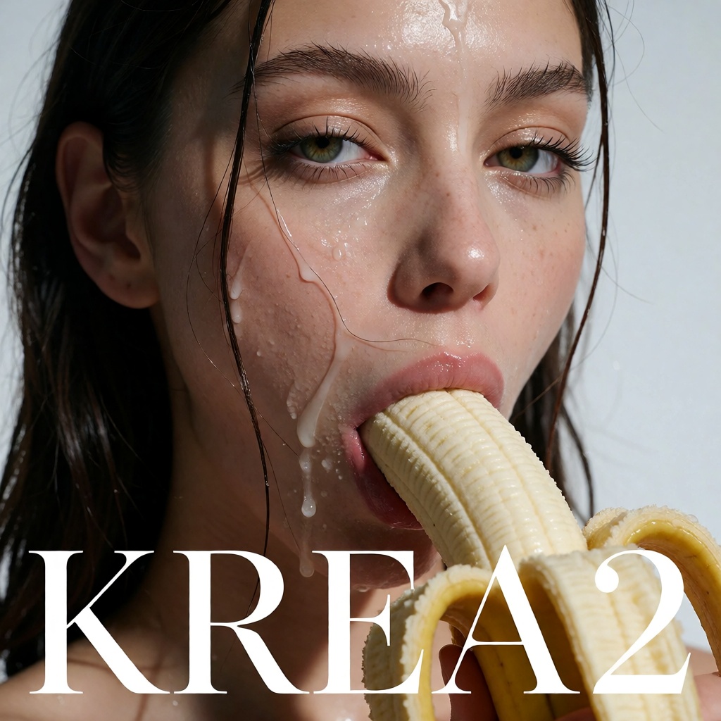 A close-up of a young woman,  she is inserting a banana into her mouth while looking directly at the camera with a confide...