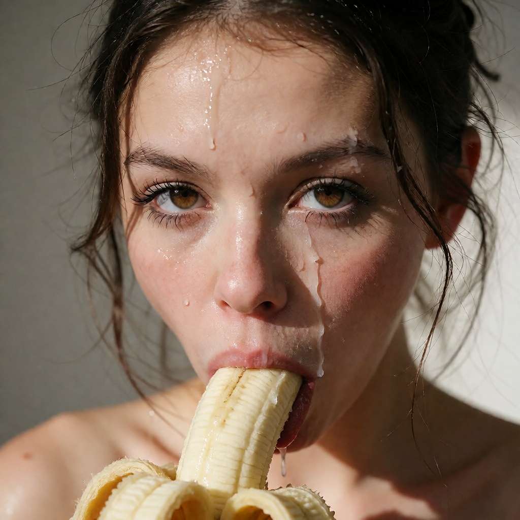 A young woman close-up shot,  she is sucking banana while looking at the camera on Tensor.Art