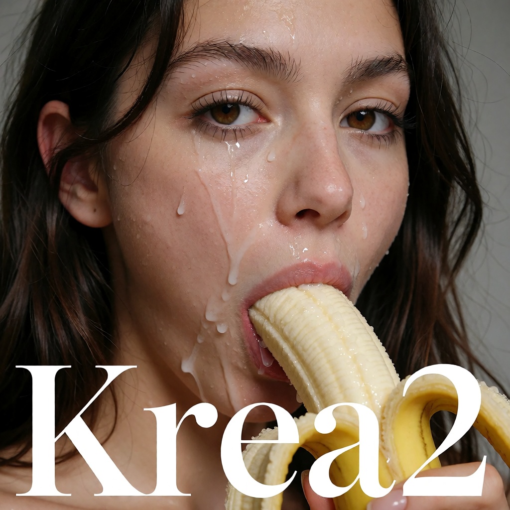 A close-up of a young woman,  she is inserting a banana into her mouth while looking at the camera. At the bottom is the b...