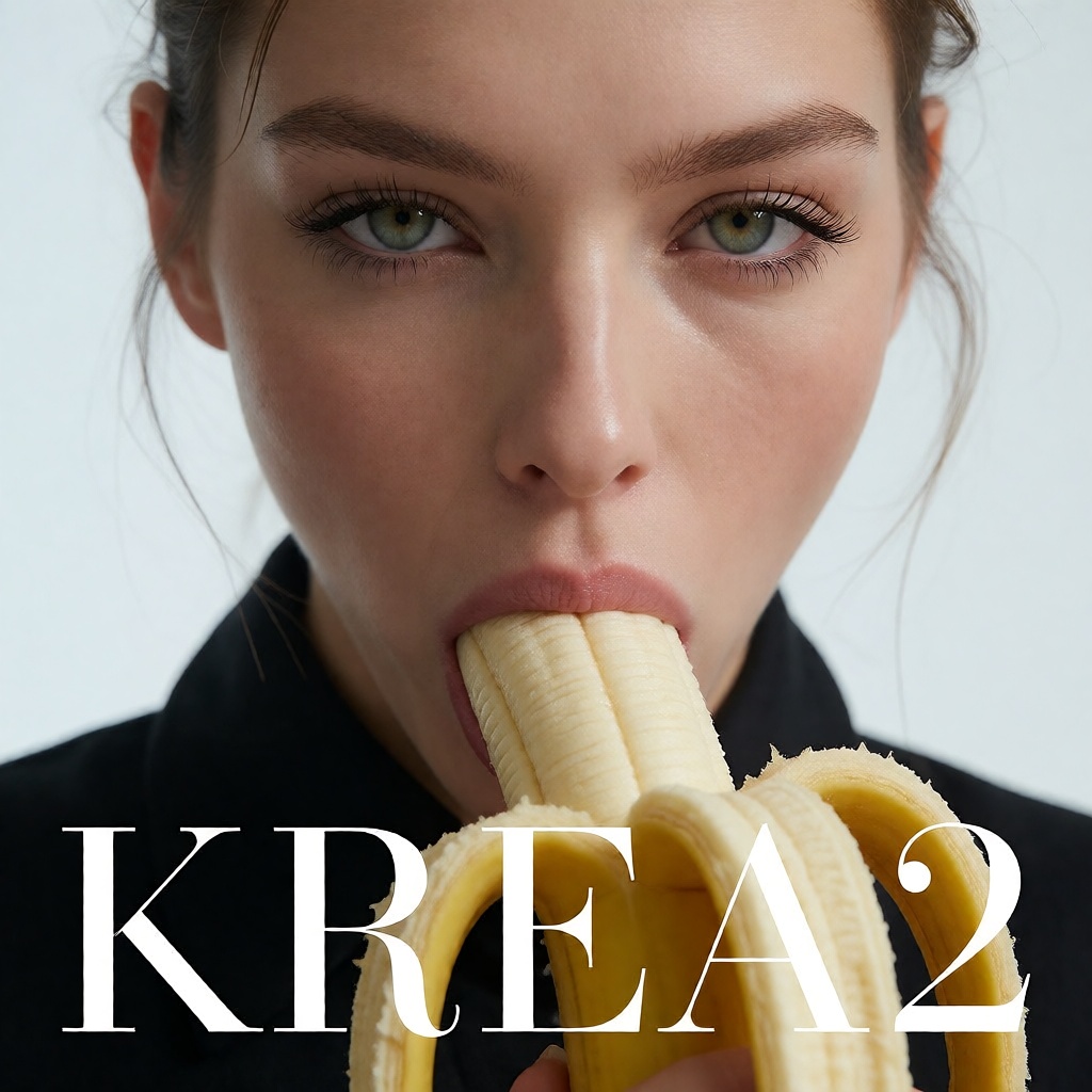 A close-up of a young woman,  she is inserting a banana into her mouth while looking directly at the camera with a confide...