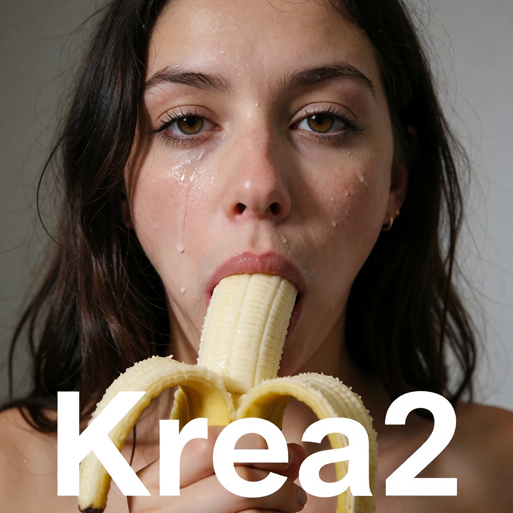 A close-up of a young woman,  she is inserting a banana into her mouth while looking at the camera. At the bottom is the b...