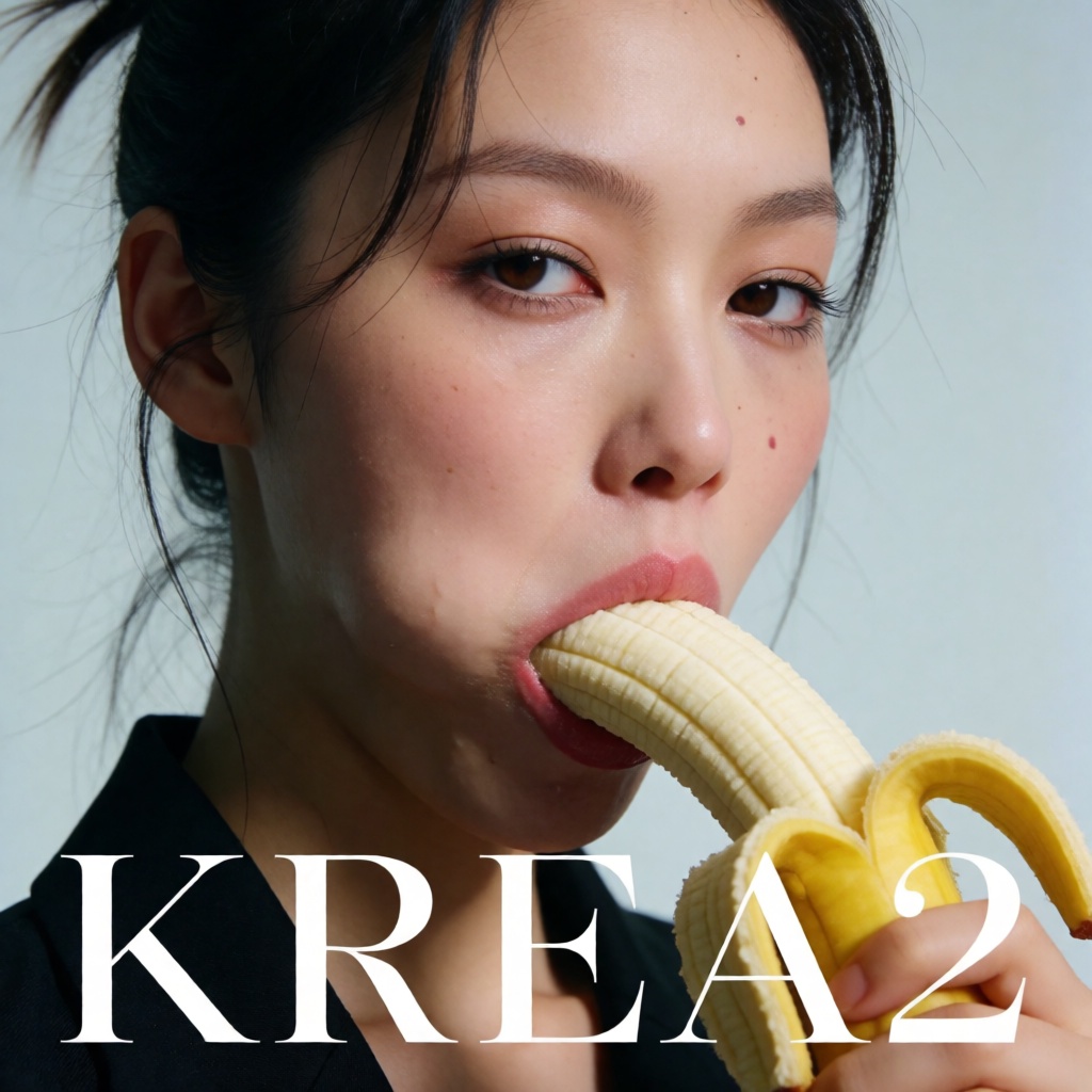 A close-up of a young woman,  she is inserting a banana into her mouth while looking directly at the camera with a confide...