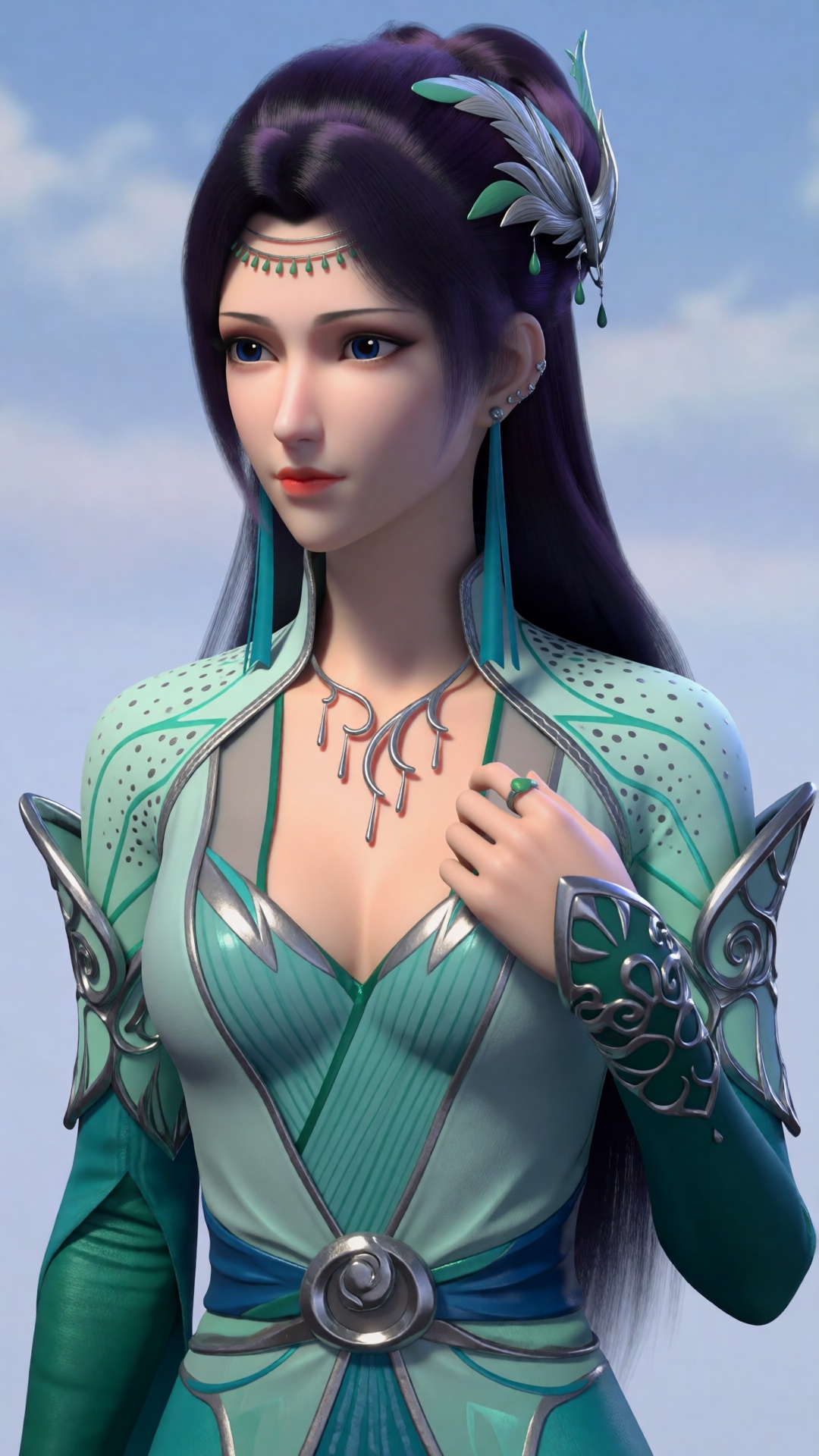 This digital 3D animation depicts a young woman with a serene expression and a distant gaze. She features long,  dark purp...