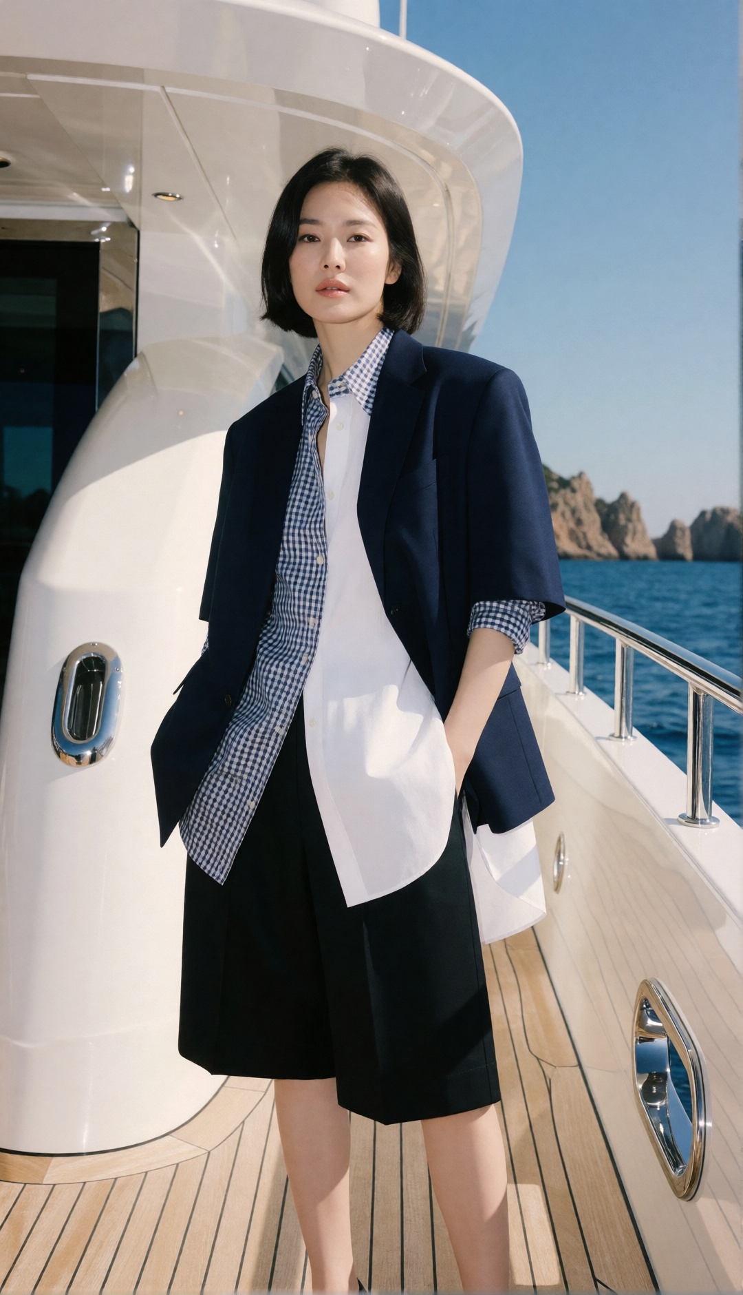 luxury summer fashion editorial,  full-body portrait of a naturally elegant beautiful young Korean woman,  harmonious faci...