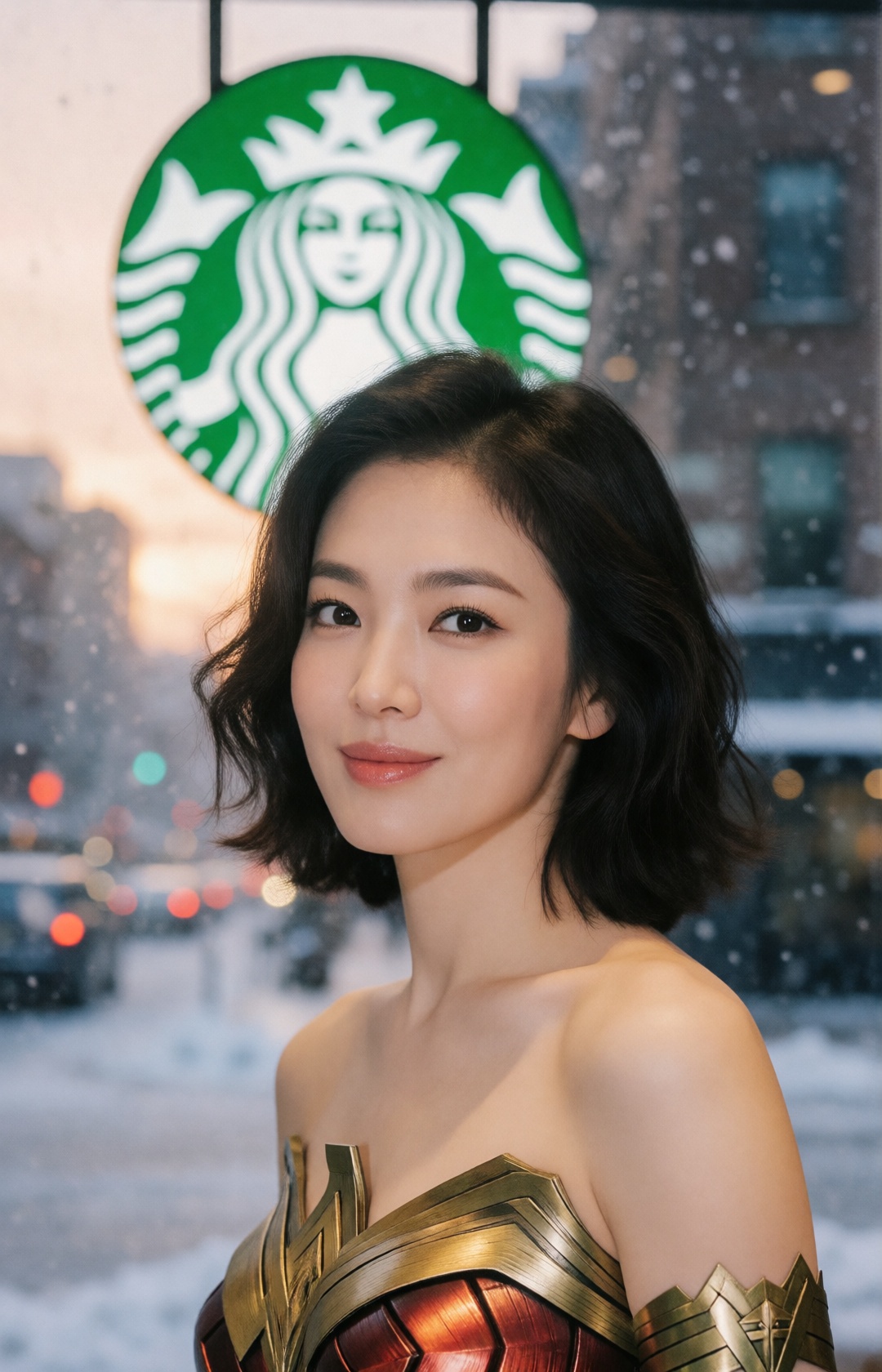 A modern cinematic close-up portrait of young korean woman in Wonder Woman costume inside a Starbucks café,  She looks tow...