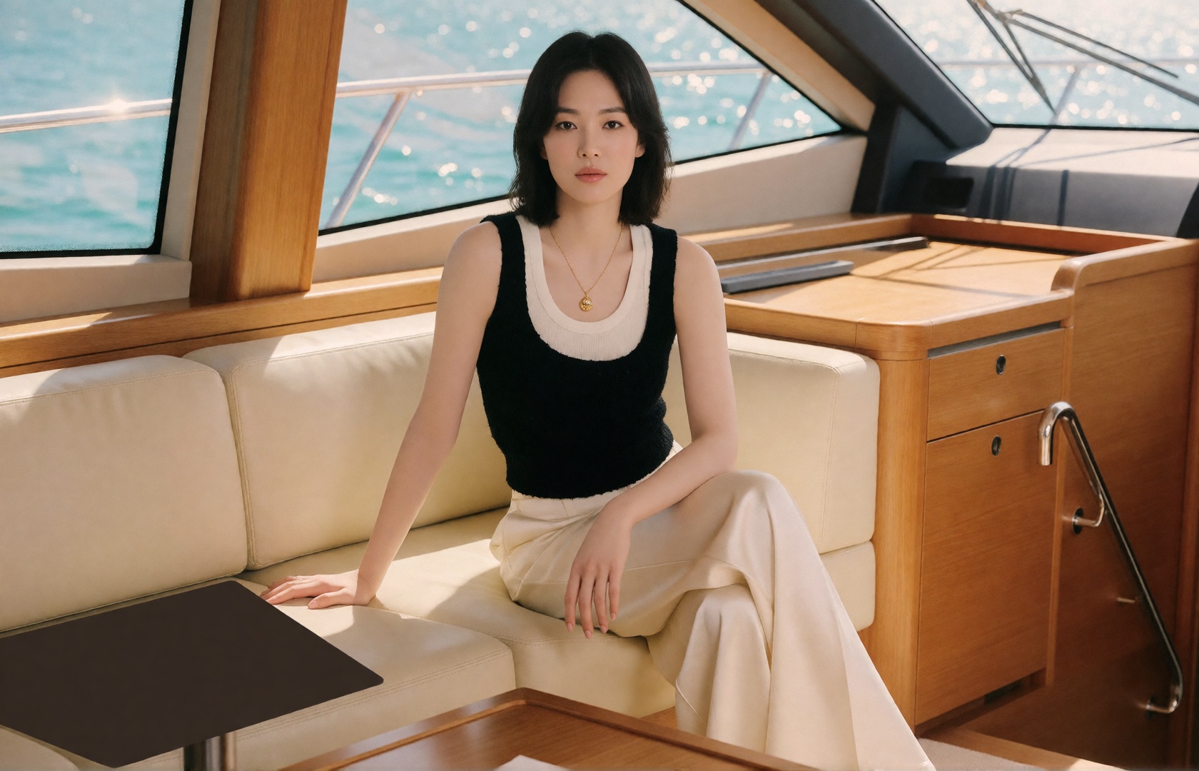 luxury yacht interior editorial,  strikingly beautiful young Korean woman,  captivating beauty on Tensor.Art
