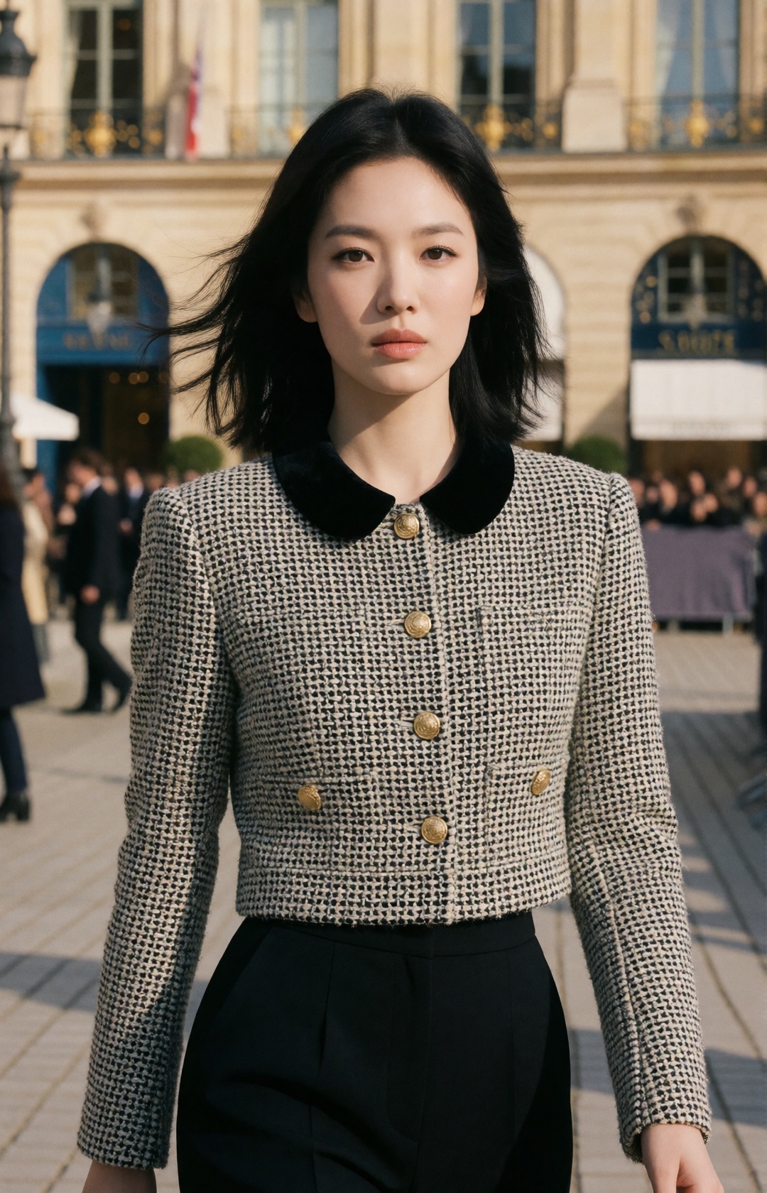 high fashion editorial,  stunning young Korean woman,  wearing a cropped Chanel tweed jacket in fine micro-houndstooth woo...