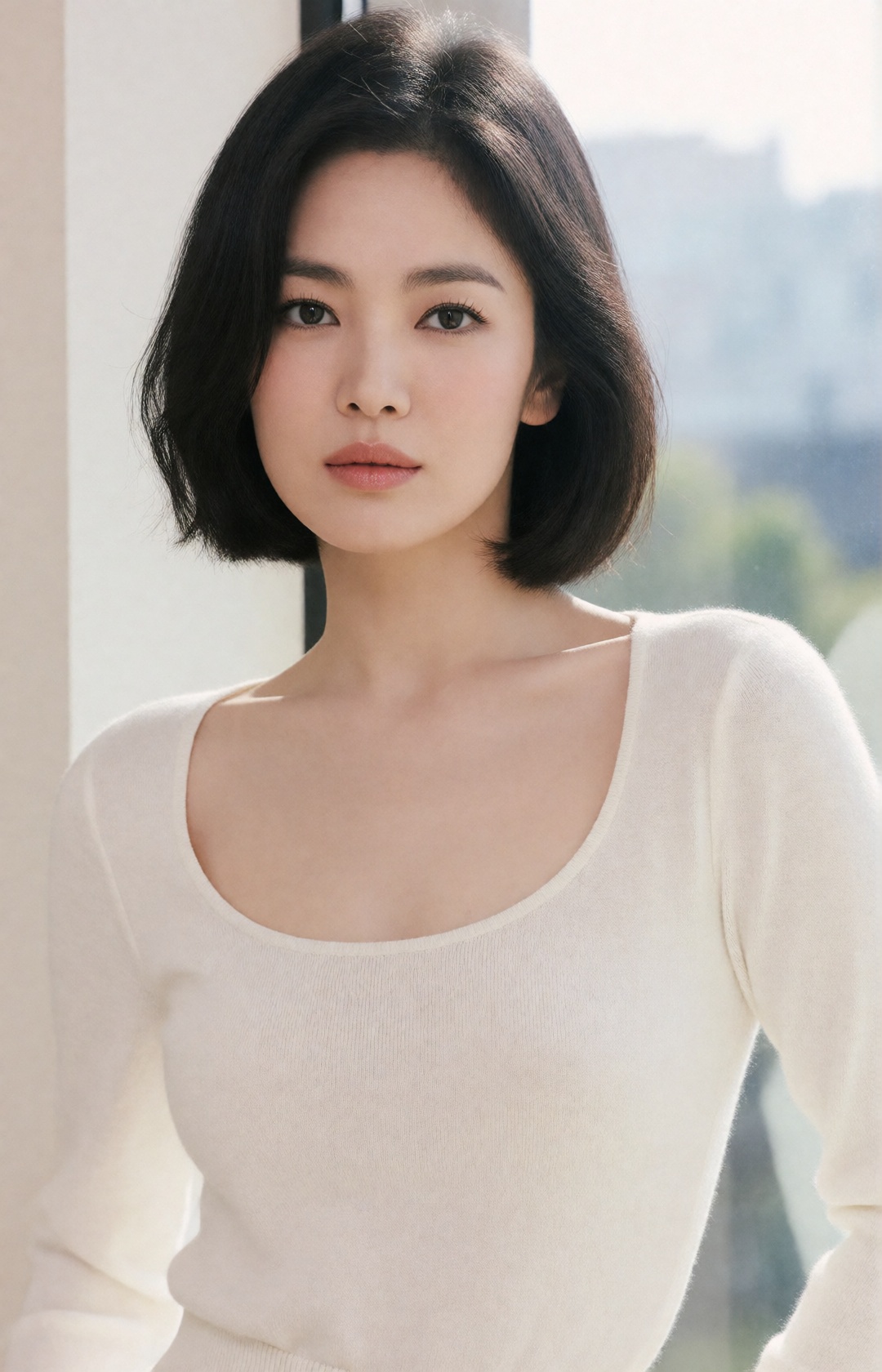 beautiful refined face,  captivating eyes,  slightly tousled sleek black bob haircut on Tensor.Art