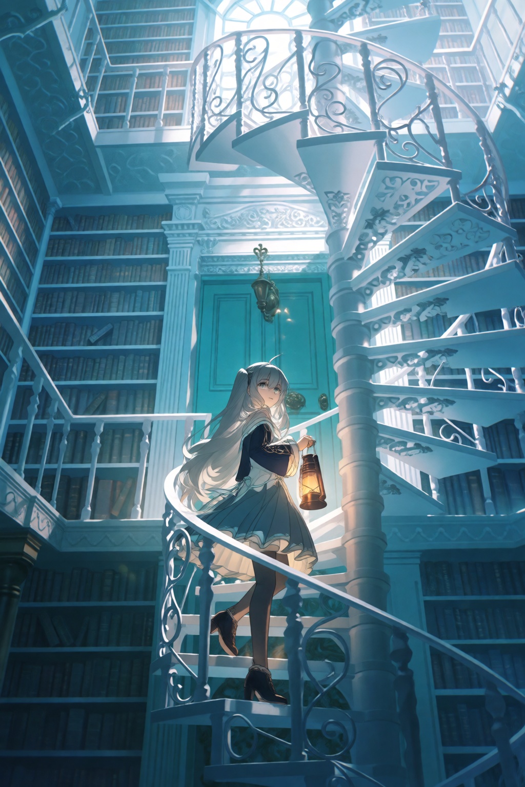A silver-haired girl navigates a white spiral staircase in a monumental library. The low-angle composition emphasizes the...