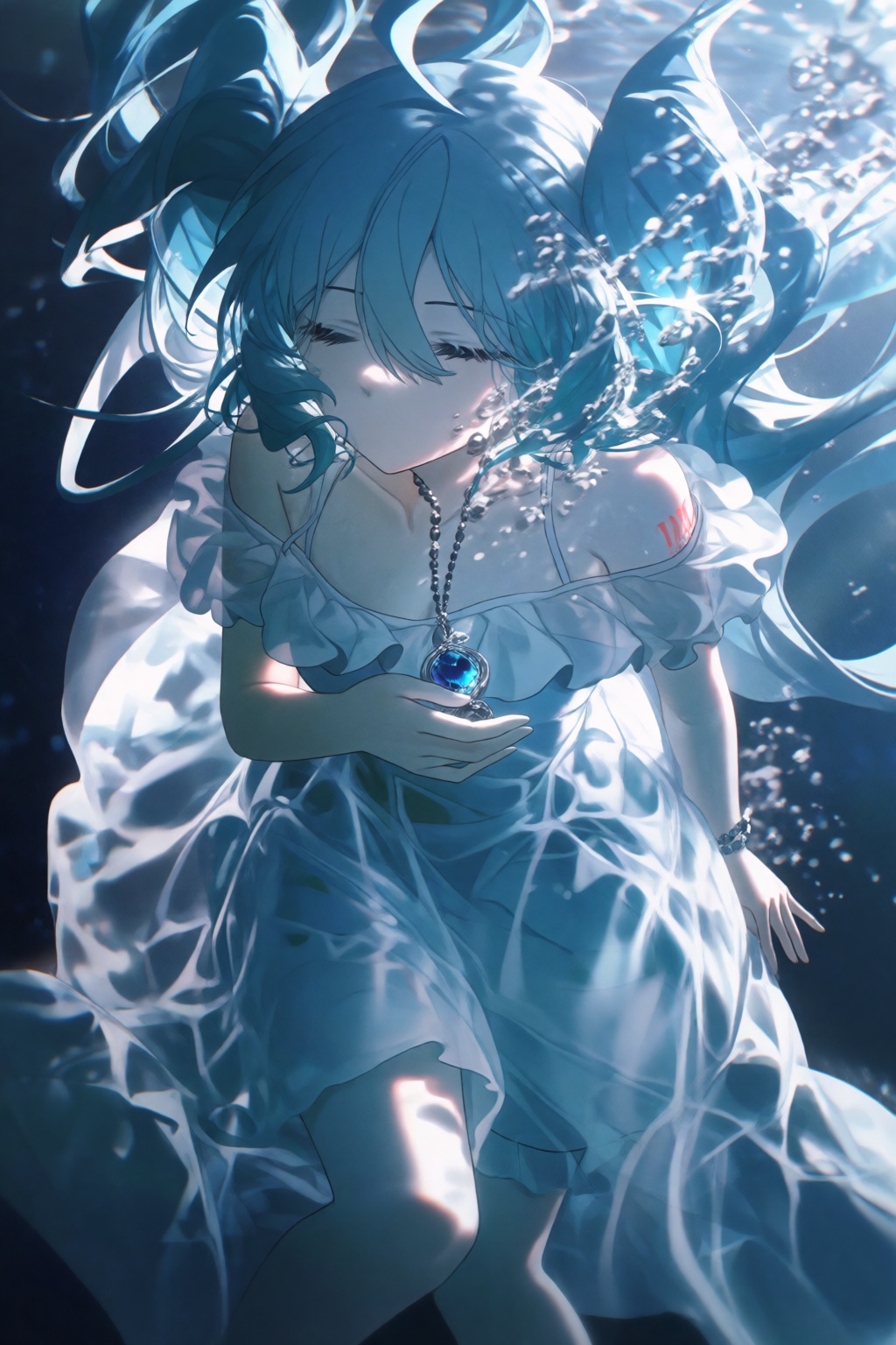 this image depicts a beautifully illustrated anime-style character submerged in water,  creating an ethereal and serene at...
