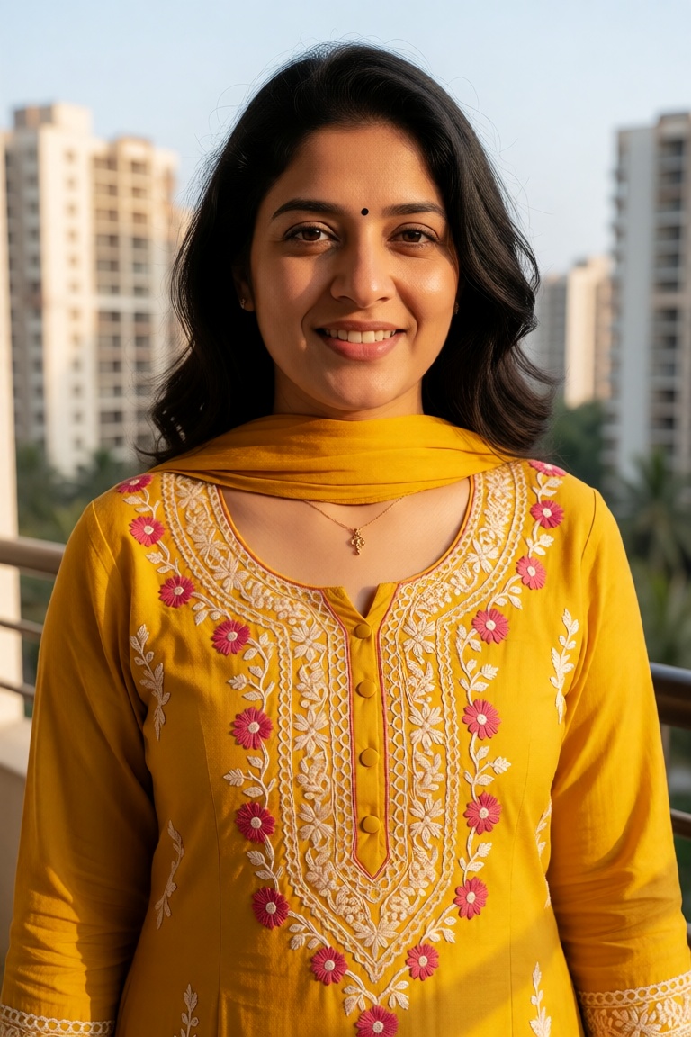 A realistic outdoor portrait of a South Asian woman standing on a balcony with high-rise apartment buildings visible in th...