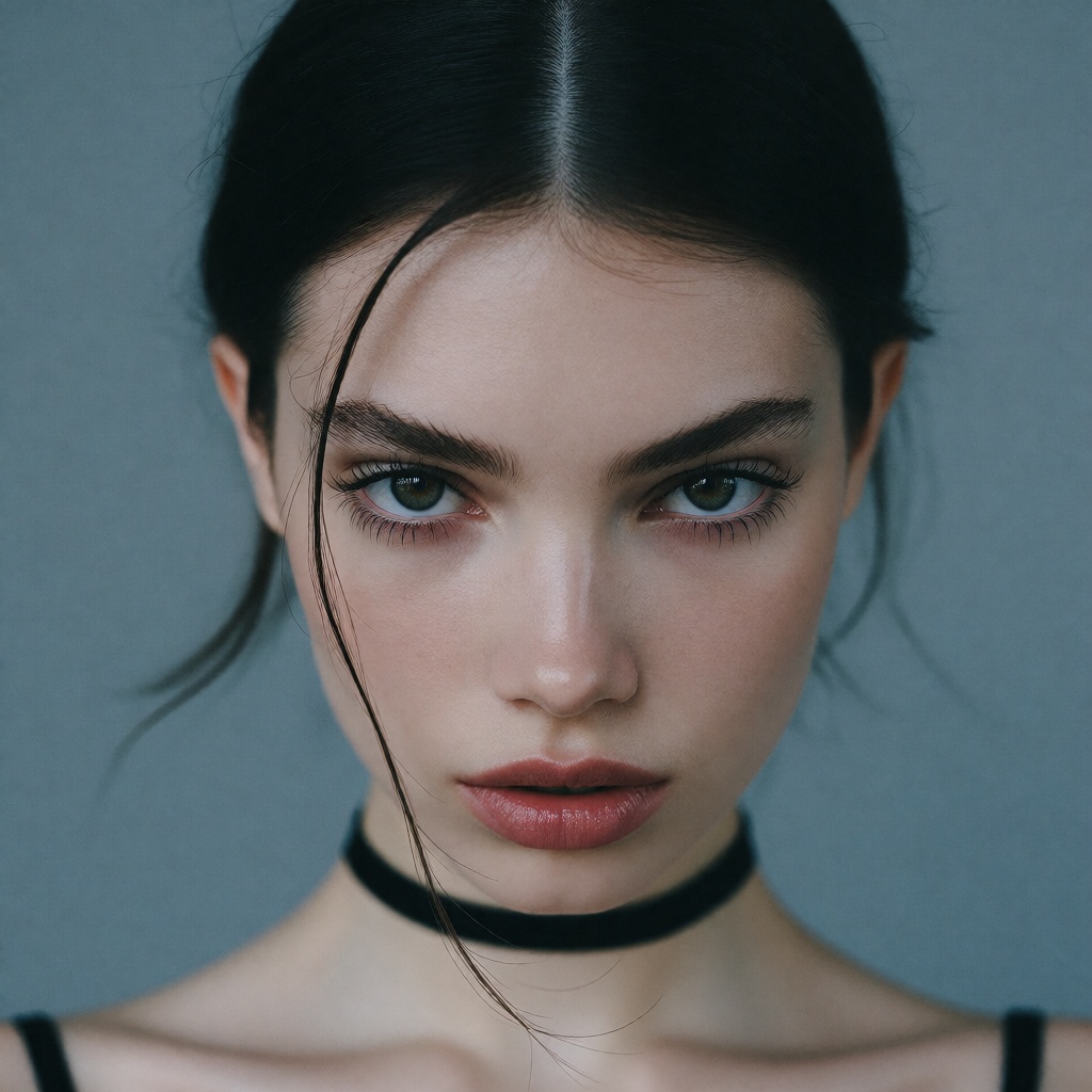 A high-angle portrait features a young woman with a striking,  symmetrical face and an intense,  direct gaze. She has dark...