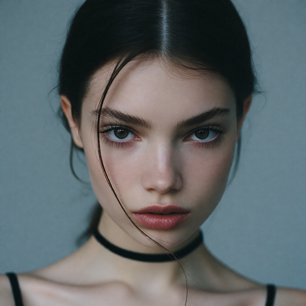 A high-angle portrait features a young woman with a striking,  symmetrical face and an intense,  direct gaze. She has dark...