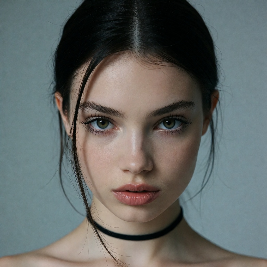 A high-angle portrait features a young woman with a striking,  symmetrical face and an intense,  direct gaze. She has dark...