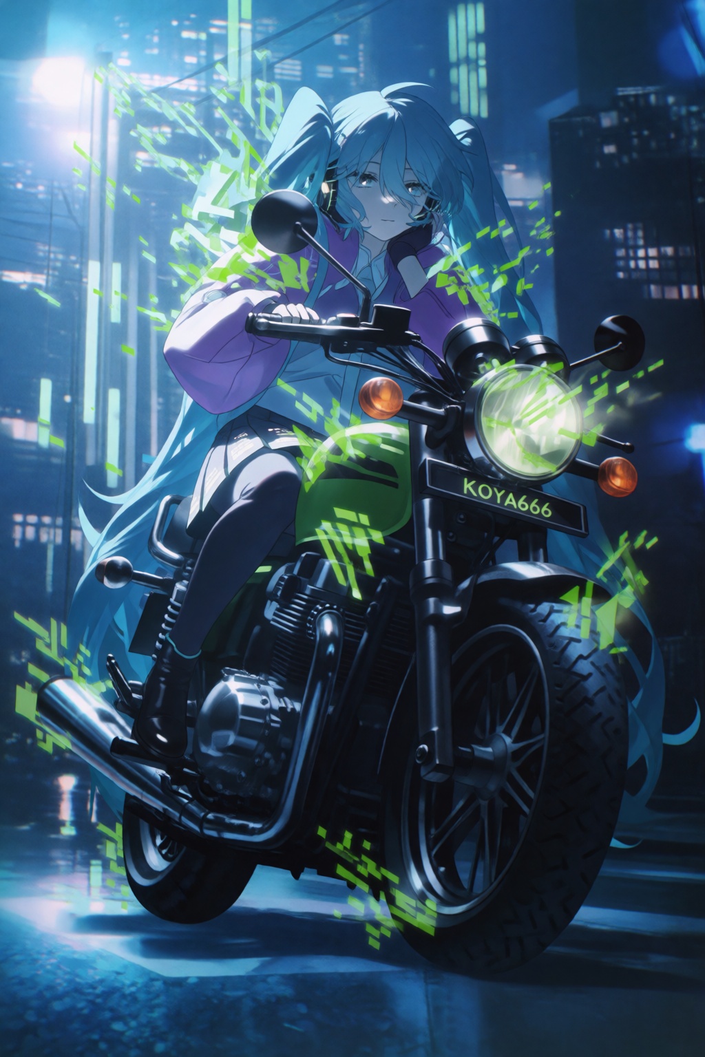 this captivating anime-style artwork features a mysterious and ethereal character riding a sleek,  retro-futuristic motorc...