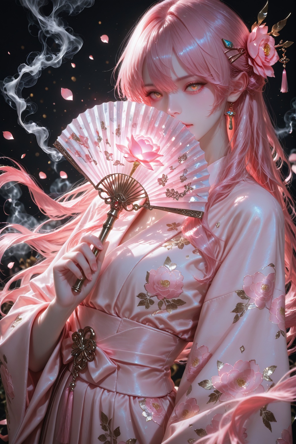 They wear a peach-blossom pink chiffon robe with gold petal patterns,  crystal hairpins adorning flowing hair. Holding a g...