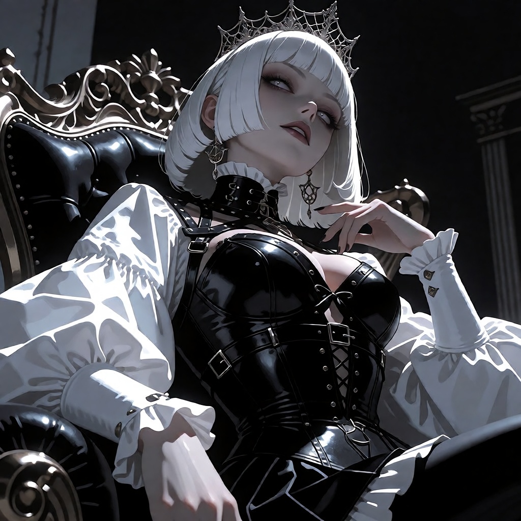 A regal anime queen with platinum white bob-cut hair and piercing pale eyes,  wearing an intricate black leather corset wi...
