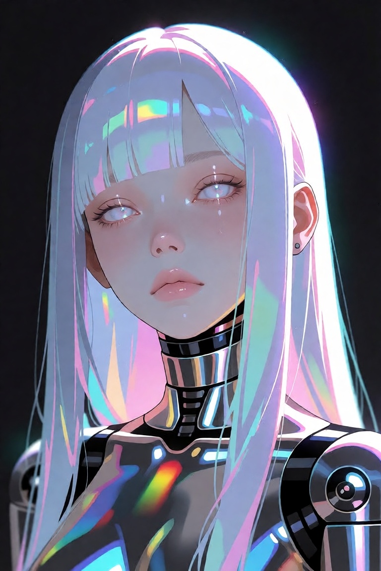 ethereal android girl with long iridescent holographic hair,  straight bangs,  pale porcelain skin on Tensor.Art