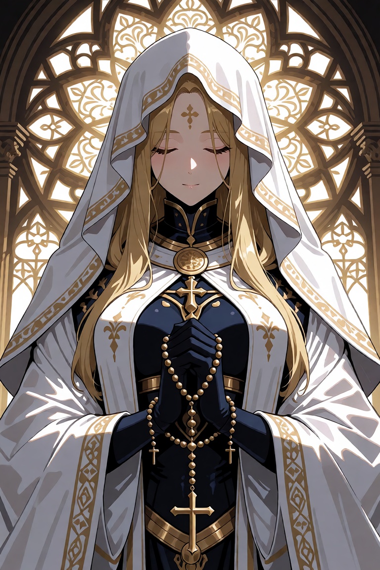Anime-style holy knight priestess with long flowing blonde hair beneath a white ornate veil,  eyes closed in serene prayer...