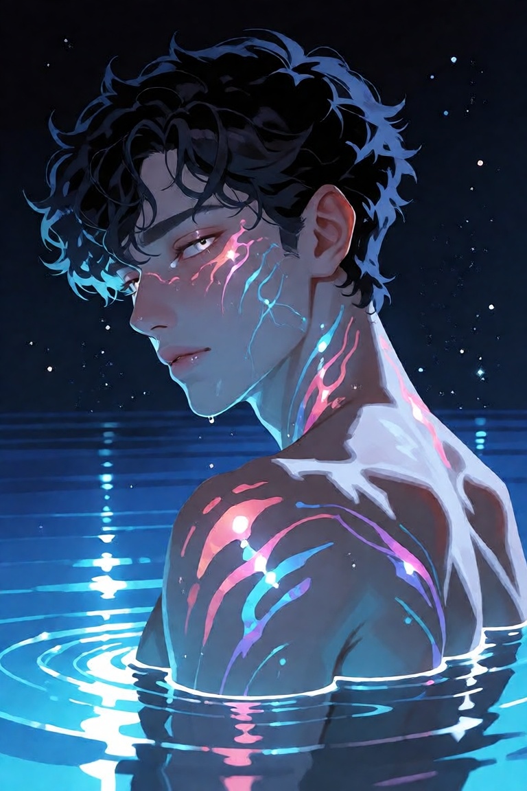 A melancholic young man with tousled dark curly hair partially submerged in luminous blue water,  viewed from a three-quar...