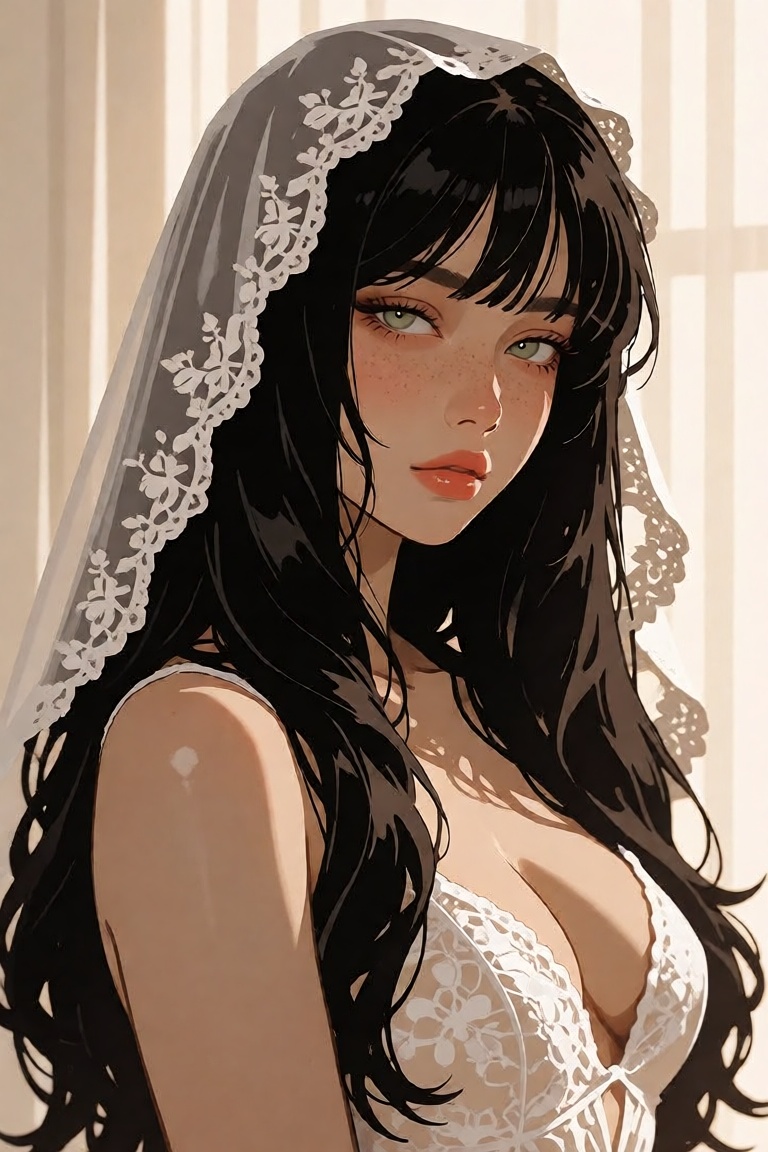 young woman with long flowing black hair and wispy bangs,  piercing green eyes with delicate freckles across nose and chee...