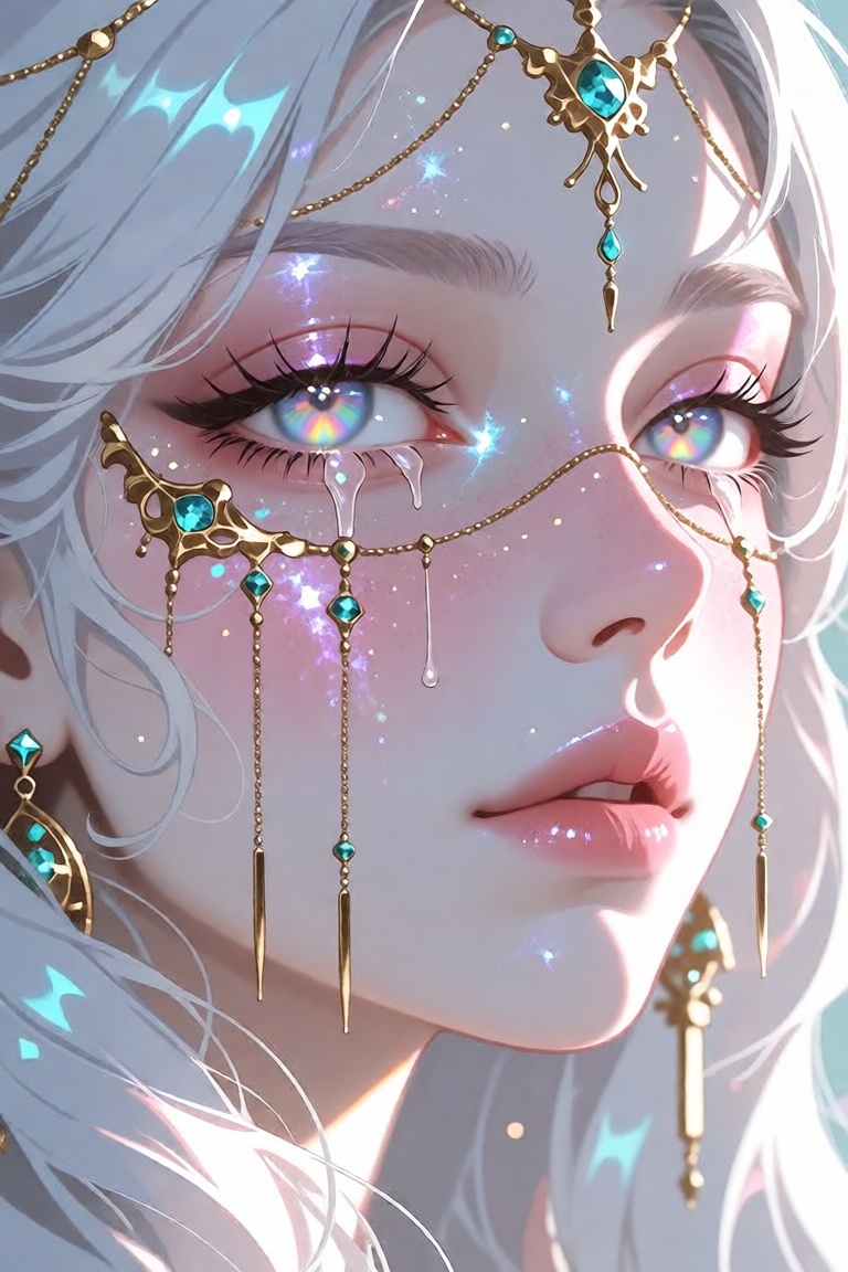 ethereal anime girl with flowing white silver hair,  iridescent multicolored eyes with rainbow reflections,  delicate gold...