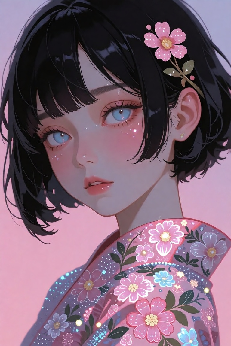 The image depicts a close-up of a young girl with short black hair adorned with a pink flower accessory. Her eyes are larg...