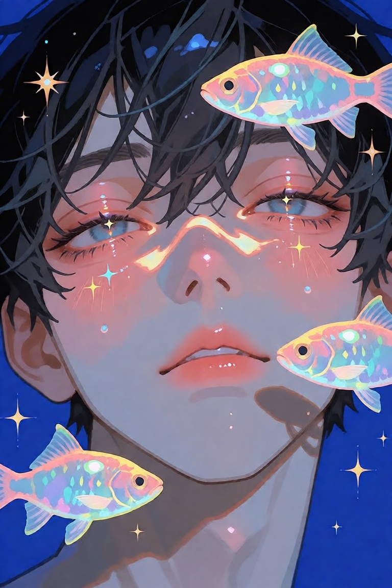 close-up portrait of an ethereal anime boy with messy dark hair,  translucent iridescent fish swimming across his face,  m...