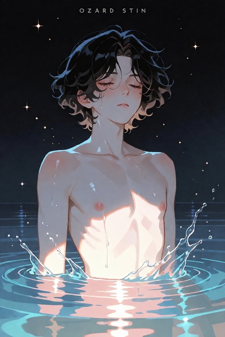 The image depicts a young person with dark,  wavy hair and a contemplative expression. The individual is standing in water...