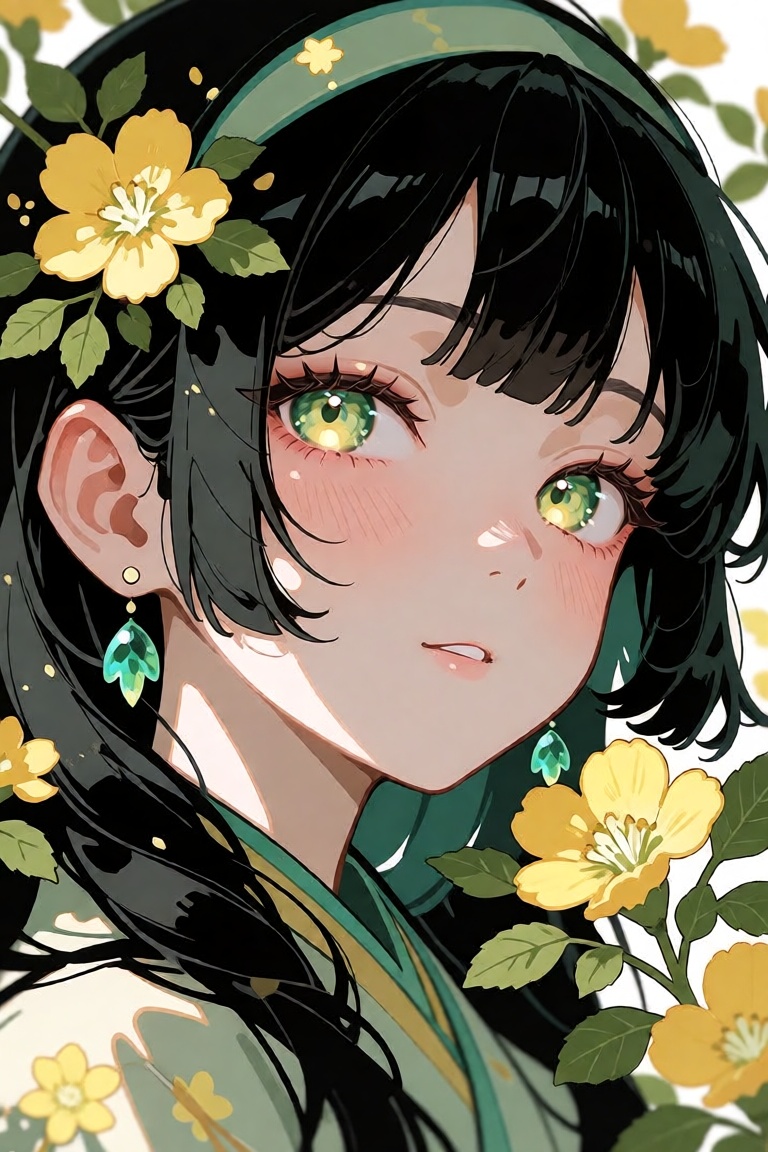 Close-up portrait of a beautiful anime girl with long flowing black hair adorned with yellow flowers and green leaves,  st...